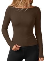 Camiseta feminina Darong 9233 com gola de barco e manga comprida de algodão XS