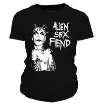 Camiseta feminina Dasantigas malha 100% algodão na cor preta estampa Alien Sex Fiend em serigrafia.