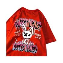 Camiseta Feminina de Algodão com Estampa de Coelho - Manga Curta e Gola Doce