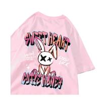 Camiseta Feminina de Algodão com Estampa de Coelho - Manga Curta e Gola Doce