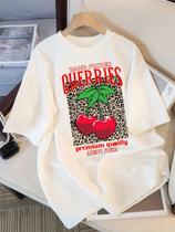 Camiseta Feminina De Algodão Com Gola Redonda E Estampa De Cerejas Selecionadas À Mão, Verão,