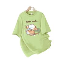 Camiseta Feminina De Algodão Para O Verão Com Estampa De Gato Dormindo, Gola Redonda, Macia E Solta,