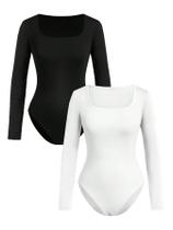 Camiseta feminina de manga comprida Bodysuit RoseSeek 11Y preta branca