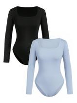 Camiseta feminina de manga comprida Bodysuit RoseSeek 12Y preta/azul claro
