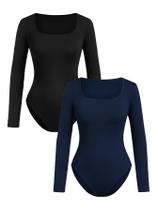 Camiseta feminina de manga comprida Bodysuit RoseSeek 12Y preta e azul