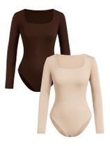 Camiseta feminina de manga comprida Bodysuit RoseSeek 13Y bege/marrom
