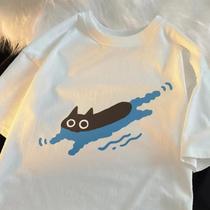 Camiseta Feminina De Manga Curta Black Cat Diving, Respirável, Casual, Para O Verão