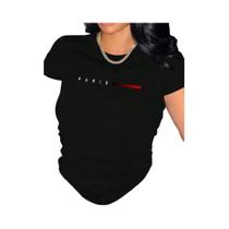 Camiseta Feminina De Manga Curta Com Estampa De Letras Paris, Mistura De Poliéster E Elastano Com Camiseta Feminina De Manga Curta Com Estampa De Letras Paris, Mistura De Poliéster E Elastano Com