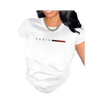 Camiseta Feminina De Manga Curta Com Estampa De Letras Paris, Mistura De Poliéster E Elastano Com