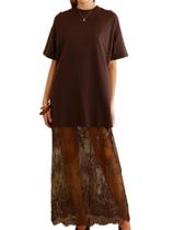 Camiseta feminina de manga curta Maxi Dress Pinclodly de renda preta