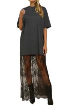 Camiseta feminina de manga curta Maxi Dress Pinclodly de renda preta