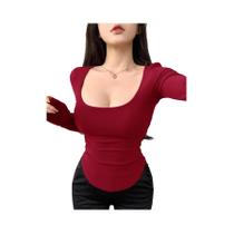 Camiseta Feminina De Manga Longa Com Decote Quadrado, Ajuste Slim, Estilo Y2K, Moda De Rua Para Camiseta Feminina De Manga Longa Com Decote Quadrado, Ajuste Slim, Estilo Y2K, Moda De Rua Para