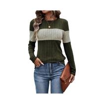 Camiseta Feminina De Manga Longa Com Decote Redondo Em Patchwork Colorido Para Primavera E Outono