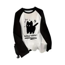 Camiseta Feminina De Manga Longa Com Design De Gato Preto, Casual Para Inverno E Outono, Top Com