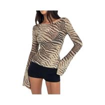 Camiseta Feminina De Manga Longa Com Estampa Animal, Off-Shoulder, Slim-Fit, Leve E Solta
