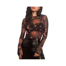 Camiseta Feminina De Manga Longa Com Estampa De Sol E Lua Em Malha Transparente Slim Básica Casual
