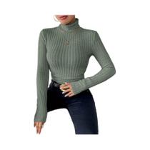 Camiseta Feminina De Manga Longa Com Gola Alta, Ajuste Slim, Textura Sexy E Listras, Casual Para