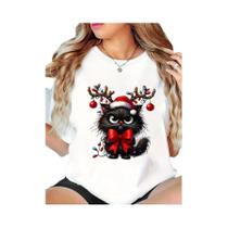 Camiseta Feminina De Natal Com Estampa De Gato Adorável Para Festas De Fim De Ano Estilo Harajuku