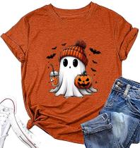 Camiseta feminina de outono e Halloween Novelty Spooky Coffee Print, camisetas estampadas, abóbora, Dia de Ação de Graças, Coffee XXL