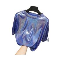 Camiseta Feminina De Seda Brilhante Com Manga Curta Solta Estilo Retrô Verão Brilhante Top Harajuku