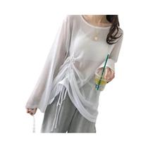 Camiseta Feminina De Seda Gelada Solta De Manga Longa Com Cordão Ligeiramente Transparente Top De Camiseta Feminina De Seda Gelada Solta De Manga Longa Com Cordão Ligeiramente Transparente Top De