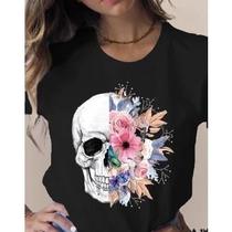 Camiseta Feminina Diversas Estampas Caveira Flores Borboletas