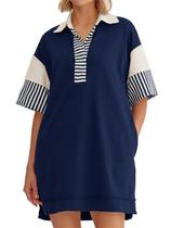 Camiseta feminina Dress Wenrine com decote em V, casual, verão, azul marinho