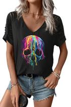 Camiseta feminina Earlymemb colorida Melting Rainbow Skull com gola em V