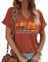Camiseta feminina Earlymemb com decote em V, folhas de outono, árvores, Halloween, XL Camiseta feminina Earlymemb com decote em V, folhas de outono, árvores, Halloween, XL