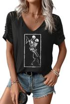 Camiseta feminina Earlymemb Dancing Skeleton com decote em V Halloween XL