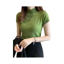 Camiseta Feminina Elegante De Cor Sólida Com Gola Meia Alta Casual Estilo Coreano Primavera Verão