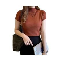 Camiseta Feminina Elegante De Cor Sólida Com Gola Meia Alta Casual Estilo Coreano Primavera Verão