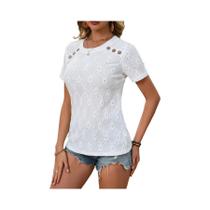 Camiseta Feminina Elegante De Verão Com Decote Redondo E Botões, Moda Casual Para Escritório Camiseta Feminina Elegante De Verão Com Decote Redondo E Botões, Moda Casual Para Escritório