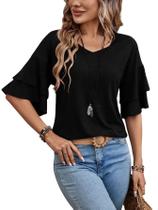 Camiseta feminina elegante Sialois, casual, com decote em V, babados Camiseta feminina elegante Sialois, casual, com decote em V, babados