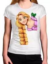 Camiseta Feminina Enrolados - Rapunzel com Trança e Camaleão Omb