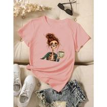 Camiseta Feminina Estampa de Caveira, Roupa de Halloween