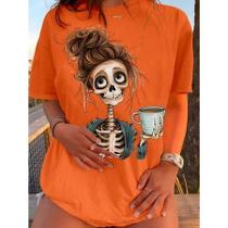 Camiseta Feminina Estampa de Caveira, Roupa de Halloween Camiseta Feminina Estampa de Caveira, Roupa de Halloween