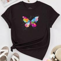 Camiseta Feminina Estampada Borboleta Color Linda 100 Algodão Adulto e Infantil
