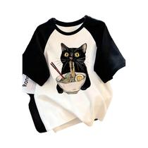 Camiseta Feminina Estilo Streetwear Com Estampa De Gato E Letras, Gola Redonda, Manga Curta, Casual Camiseta Feminina Estilo Streetwear Com Estampa De Gato E Letras, Gola Redonda, Manga Curta, Casual