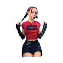 Camiseta Feminina Estilo Y2K Vermelha, Crop Top Com Decote Redondo, Manga Curta, Punk Gótico,