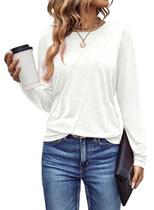 Camiseta feminina EVALESS de manga comprida branca casual, outono de 2024
