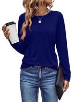 Camiseta feminina EVALESS, manga comprida, gola redonda, azul marinho M