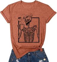 Camiseta feminina FCDIED Hot Coffee Skeleton Halloween, laranja, XXL Camiseta feminina FCDIED Hot Coffee Skeleton Halloween, laranja, XXL