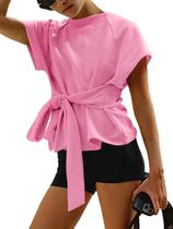 Camiseta feminina Fisoew de verão de manga curta com gravata frontal rosa