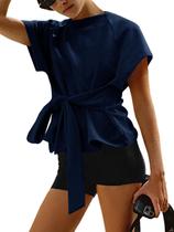 Camiseta feminina Fisoew, verão 2026, mangas curtas, azul escuro