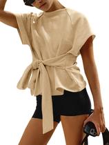 Camiseta feminina Fisoew, verão 2026, mangas curtas, gola redonda, cáqui