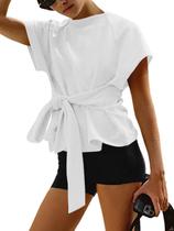 Camiseta feminina Fisoew, verão 2026, mangas curtas, gravata frontal, branca