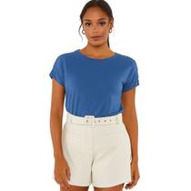 Camiseta Feminina FMF Azul com Renda e Pérolas nas Mangas