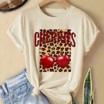 Camiseta Feminina Fresh Cereja e Onça Personalizada Em Alta Leve Confortável Cereja