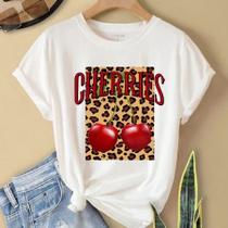 Camiseta Feminina Fresh Cereja e Onça Personalizada Em Alta Leve Confortável Cereja Camiseta Feminina Fresh Cereja e Onça Personalizada Em Alta Leve Confortável Cereja